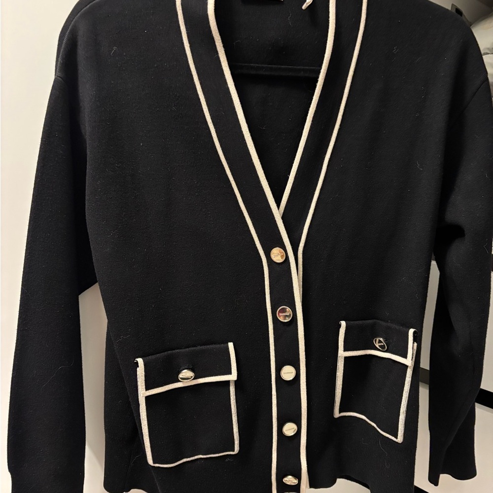 Sandro Black Cardigan with Cream Accents